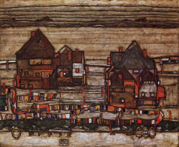 Houses with laundry lines and suburban by Schiele